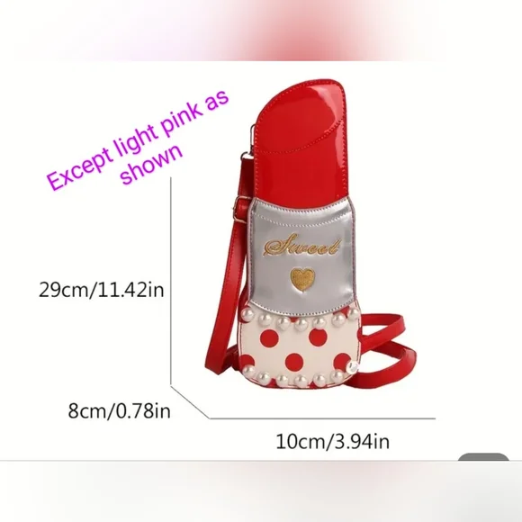 Pink and White Sweet Lipstick Handbag with Pearl Accents - Picture 3 of 3